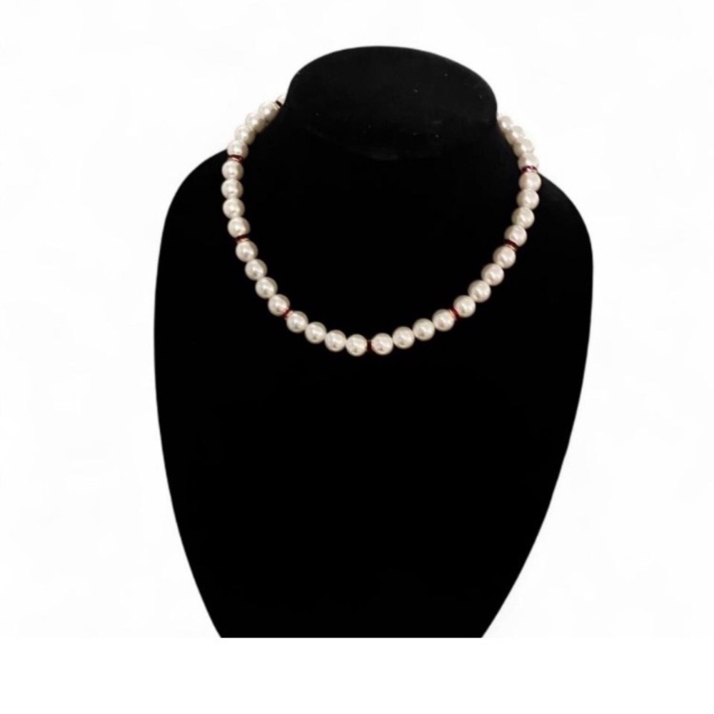 Quiet Luxury.Charter Club Elegant Pearl Necklace with Ruby Details Brand New